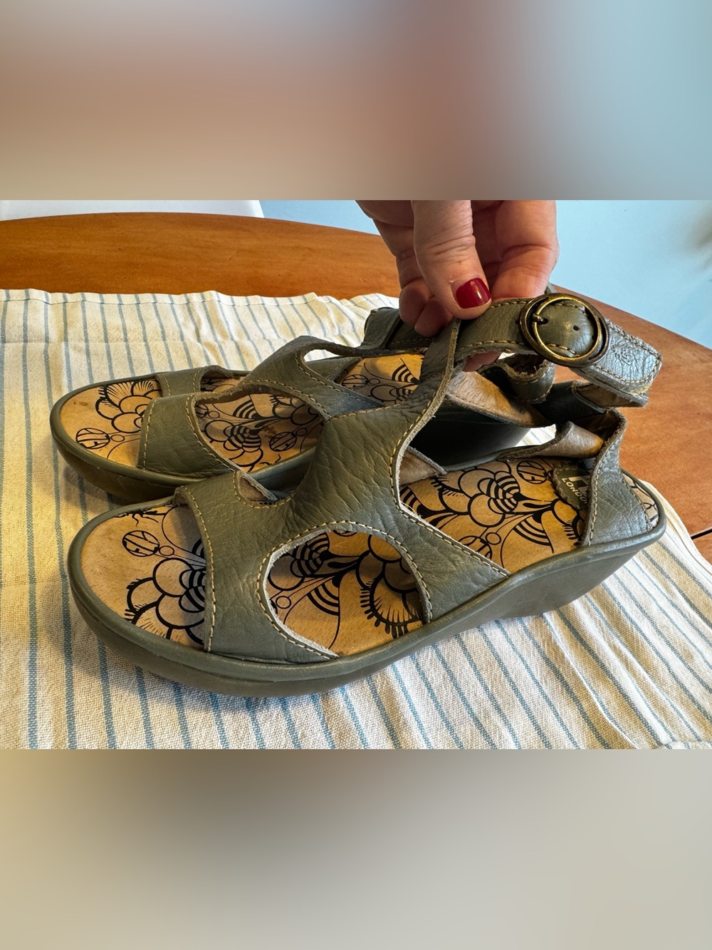 Fly London Light Teal blue Leather Cutout Strap wedge Sandals